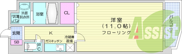 1K、エアコン、バストイレ別、オートロック