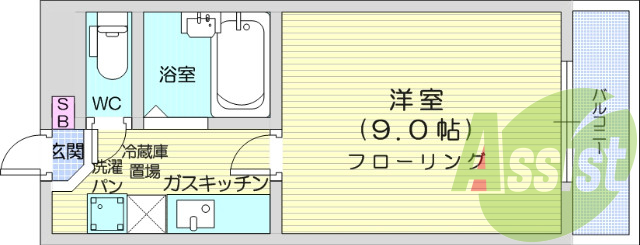 1K、水道定額、バス・トイレ別、南向き、エアコン