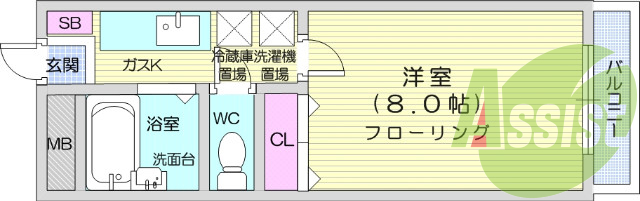 1K、エアコン、室内洗濯機置き場、バストイレ別