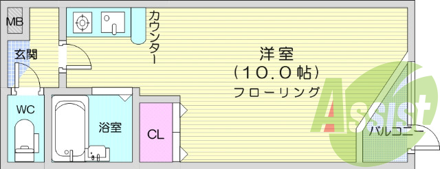 ワンルーム、バストイレ別、カウンターキッチン、バルコニー