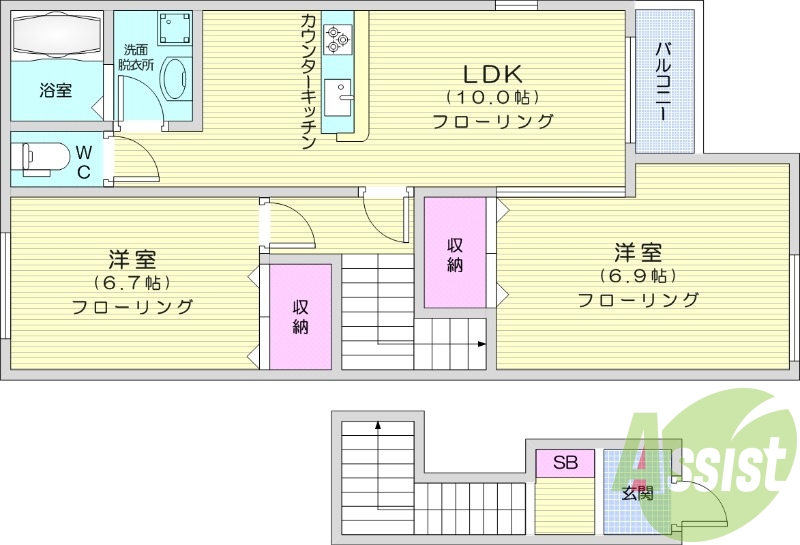 2LDK、エアコン、バルコニー、独立洗面台、追い焚き機能