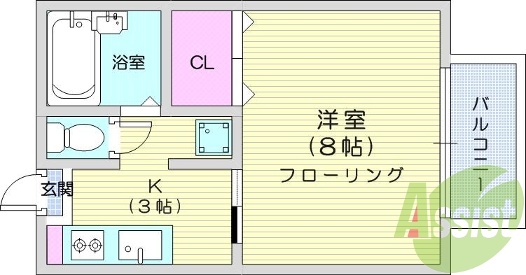 １K、南向き、角部屋、都市ガス、エアコン。フローリング