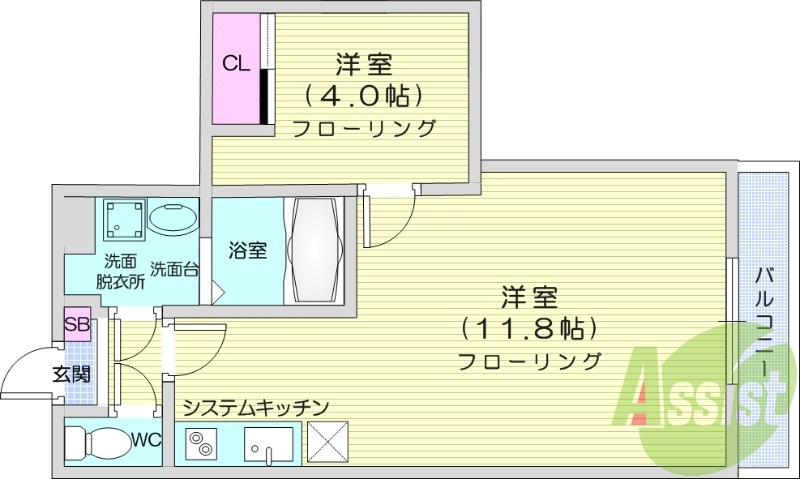 1LDK、2口コンロ、バス・トイレ別、追い焚き機能付き