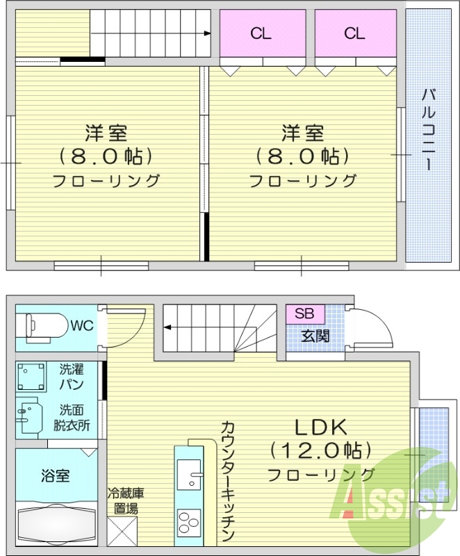 2LDK、メゾネットタイプ、追い焚き、独立洗面台