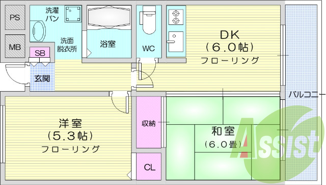 2DK、オートロック、バストイレ別、ウォシュレット付き、