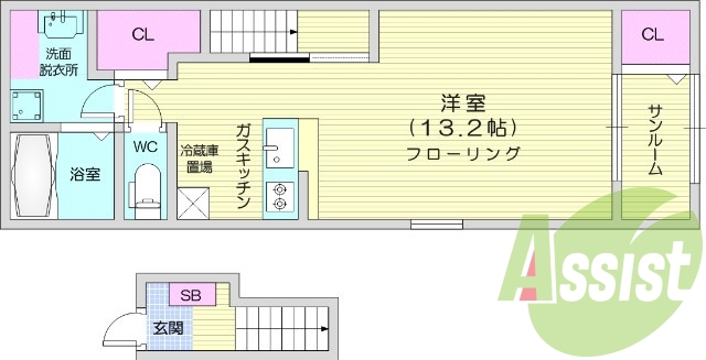 1R、サンルーム、追い焚き、給湯、浴室乾燥機、南向き