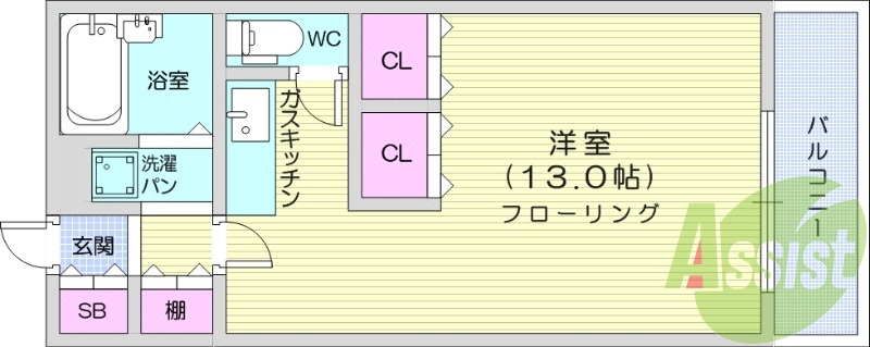 1R、エアコン、室内洗濯機置場、クローゼット