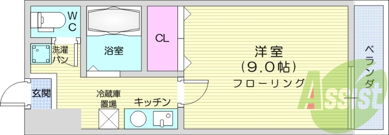 １K、バストイレ別、モニター付きインターホン
