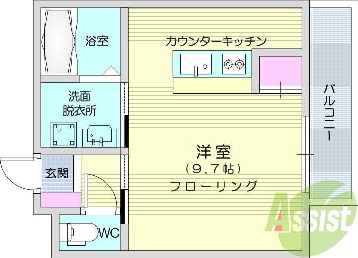 1R、エアコン、独立洗面台、バルコニー、給湯
