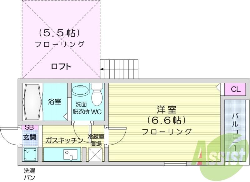 １K、バストイレ別、インターネット無料、ロフト付き