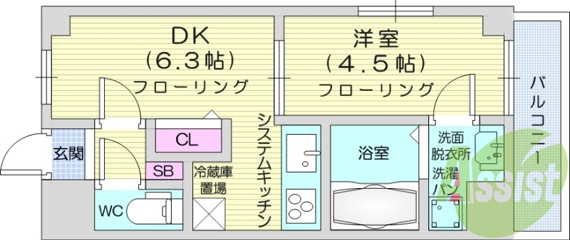 1DK、シャワートイレ、洗髪洗面化粧台、オートロック