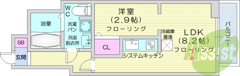 1LDK、エアコン、システムキッチン、追い焚き