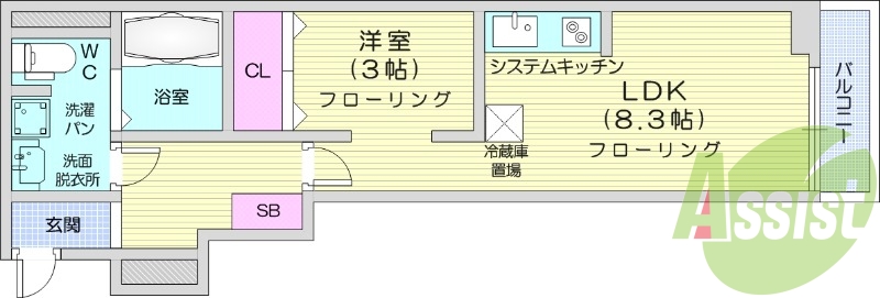 1LDK、エアコン、システムキッチン、追い焚き
