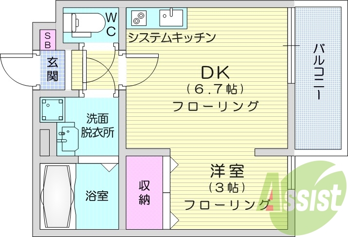 ワンルーム、角部屋、エアコン、IHクッキングヒーター
