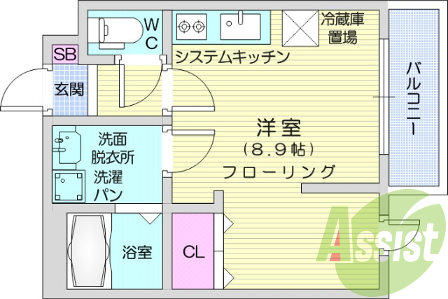 ワンルーム、設備充実、システムキッチン、洗面化粧台