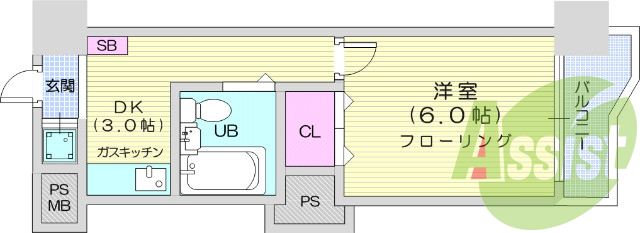 1Ｋ、エアコン付き、室内洗濯機置き場あり。