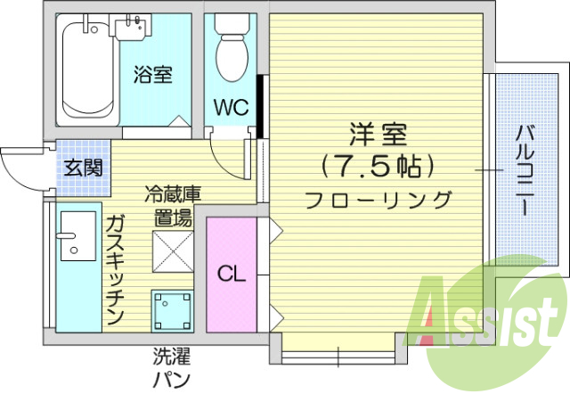 1K、エアコン、室内洗濯機置き場、バストイレ別