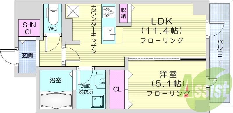 1LDK、オートロック、浴室乾燥機、バルコニー。