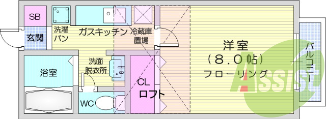 1K、バストイレ別、洗濯機置場、追い焚き機能