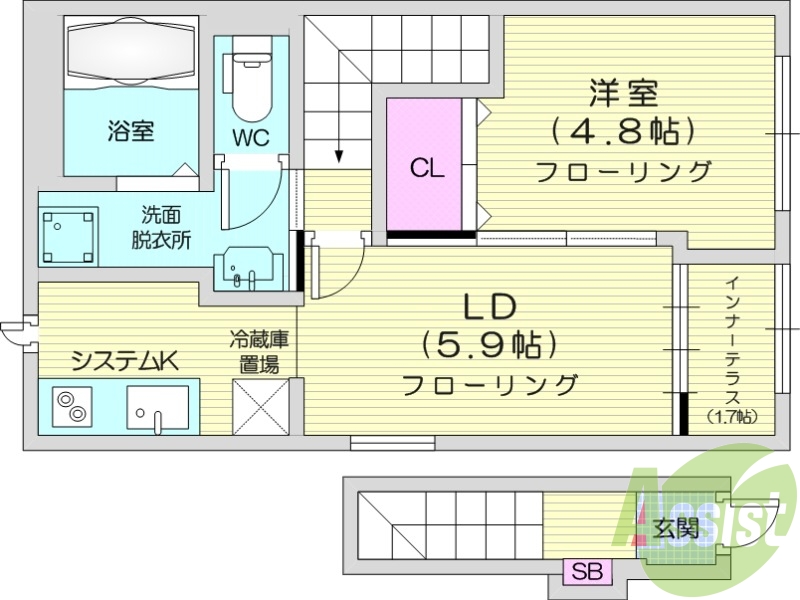 1LDK、ペット可、ネット無料、宅配ボックス、インナーテラス