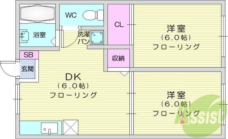 2DK、エアコン、室内洗濯機置場、トイレ浴室別、クローゼット