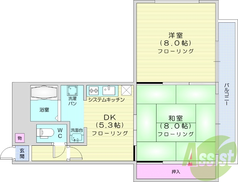2DK、2口コンロ、洗面台独立、オートロック