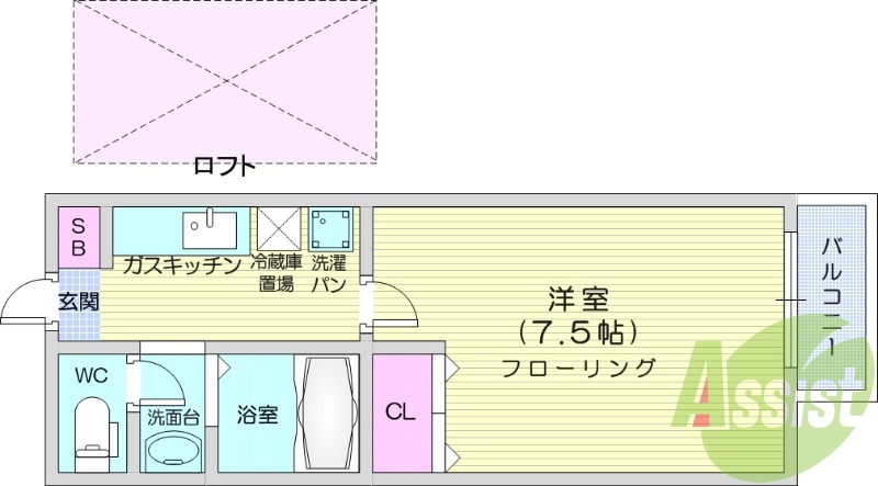 1K、内装写真は103号室のものです。