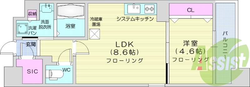 １LDK、浴室乾燥付き、追い焚き機能付き、都市ガス