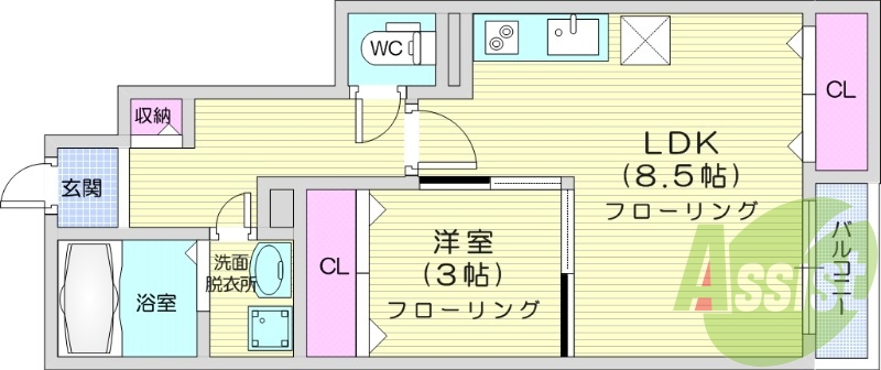 1LDK、温水洗浄便座付き、追い炊き機能付き、浴室乾燥機付き
