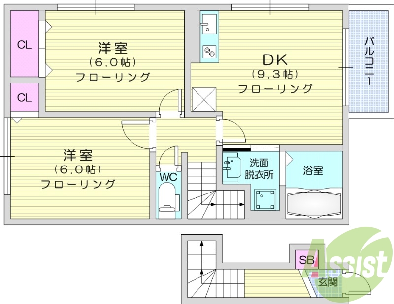 2DK、ネット無料、エアコン２台、IH、追い炊き