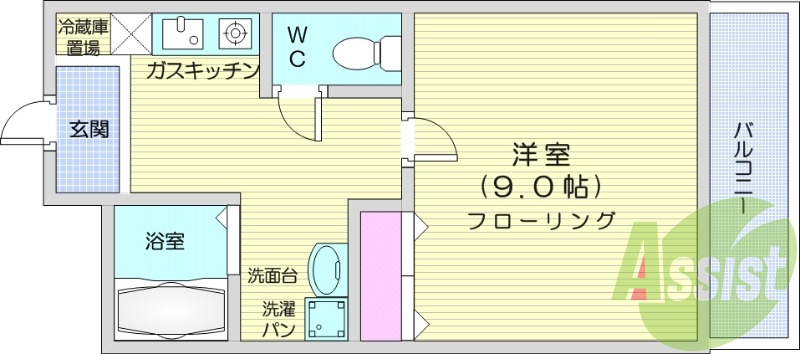 1K、バルコニー、バストイレ別、ガスキッチン