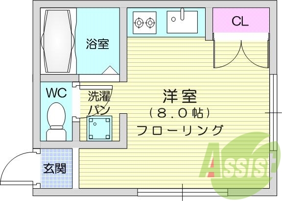 1R、エアコン、室内洗濯機置場、トイレ浴室別、クローゼット