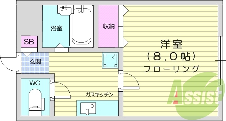 1K、フローリング、バストイレ別、ガスキッチン