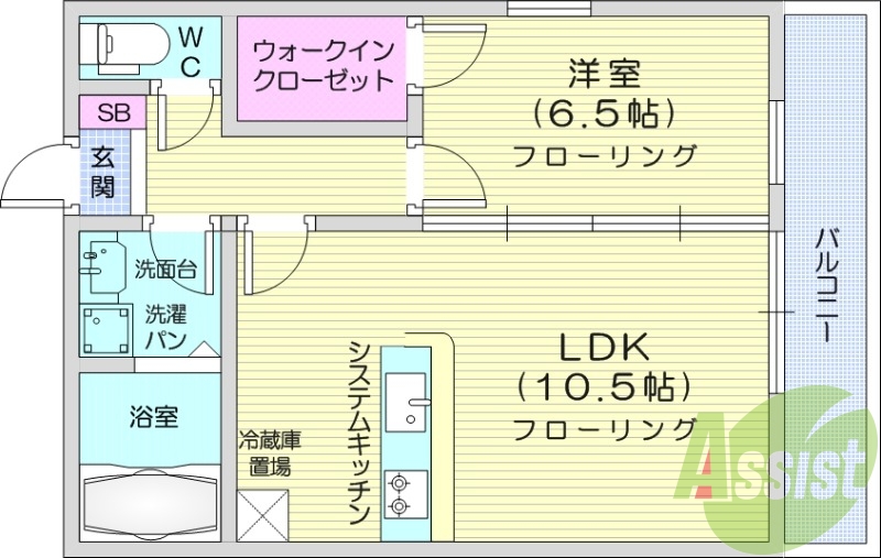 1LDK、南向き開口部、エアコン2基付、システムキッチン付き