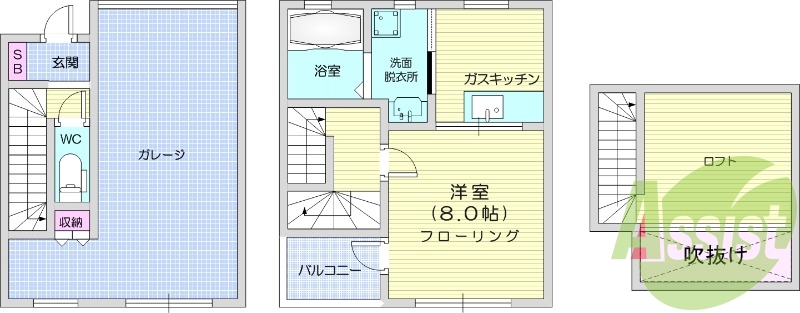 1DK、バストイレ別、室内洗濯機置場、独立洗面台、ロフト