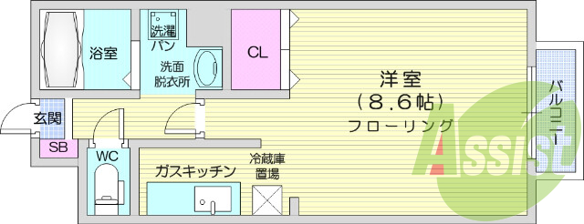 1R、シャワー、フローリング、バルコニー、下駄箱
