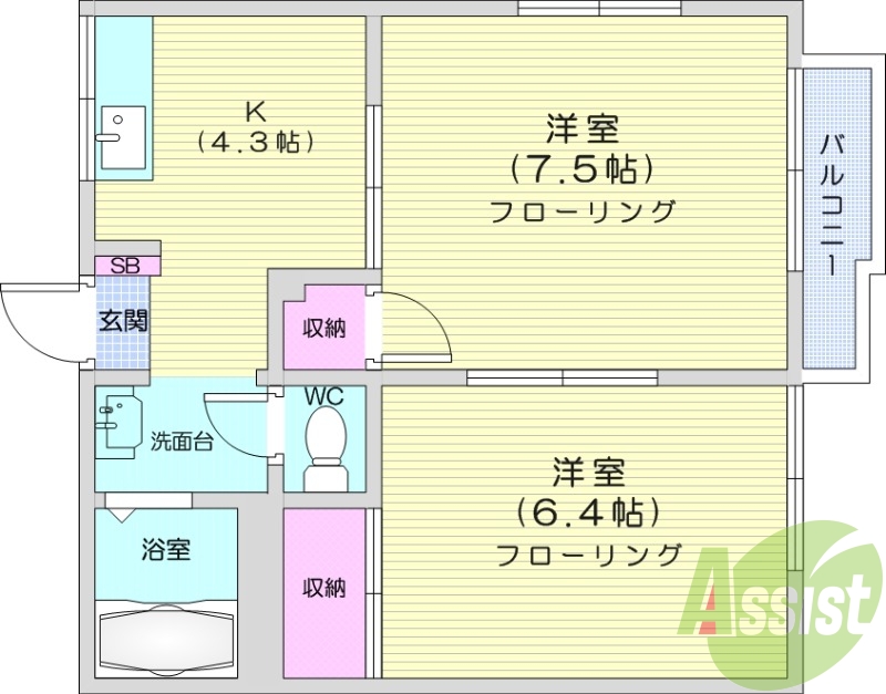 2K、バス・トイレ別、独立洗面台、エアコン、2口ガスコンロ