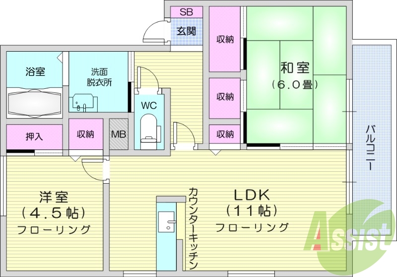 2LDK、洗濯機置き場、温水洗浄便座、エアコン、コンロ設置可