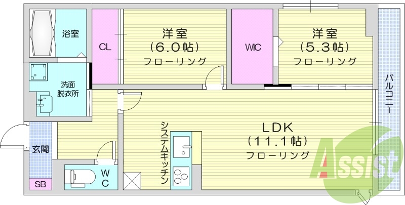 2LDK、カウンターキッチン、温水洗浄便座。
