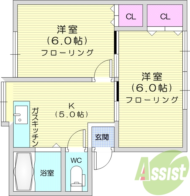 2K、南向き、シャワートイレ、バストイレ別、エアコン