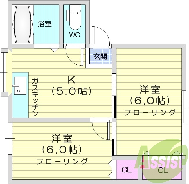 2K、追い焚き、南向き、シャワー付きトイレ、バストイレ別