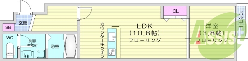 1LDK、ペット飼育可、宅配ボックスあり、浴室乾燥機付き