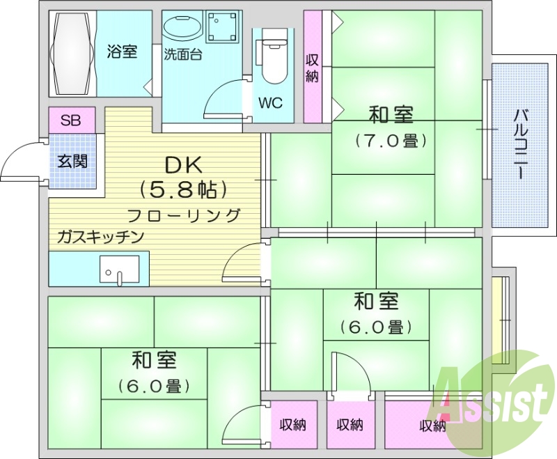 3DK、追い焚き機能、温水洗浄便座、モニターホン。