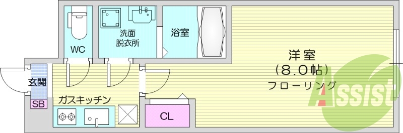 1K、バストイレ別、バルコニー、洗面所独立