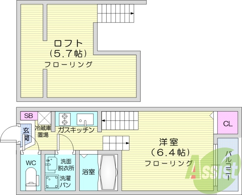 1K、ロフト付き、２口コンロ、浴室乾燥機、TV付インターホン