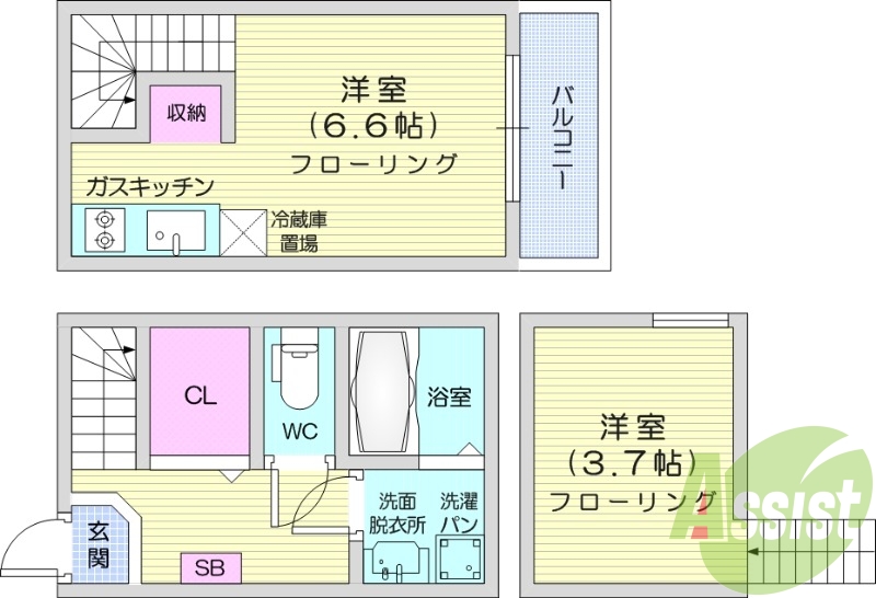 １R、ロフト付き、２口コンロ、デザイナーズ、浴室乾燥機