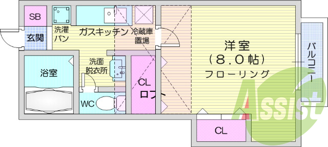 1K、バストイレ別、洗濯機置場、追い焚き機能