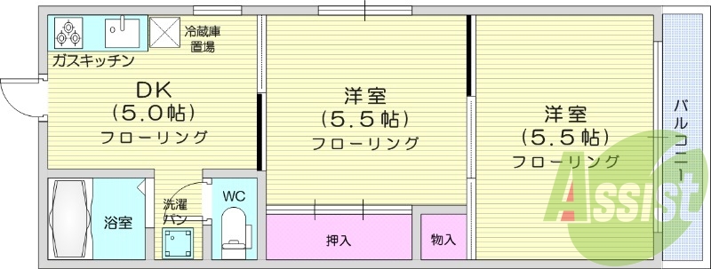 2DK、システムキッチン、3口コンロ、エアコン