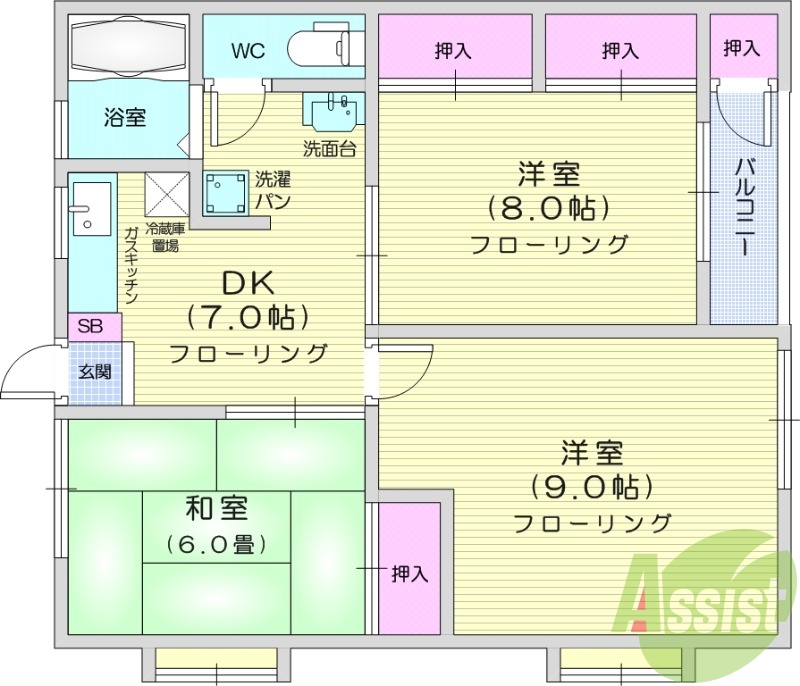 3DK、バルコニー、追い炊き機能、浴室乾燥機付き