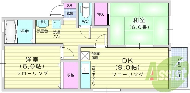 2LDK、バルコニー、追炊機能、浴室乾燥機付き